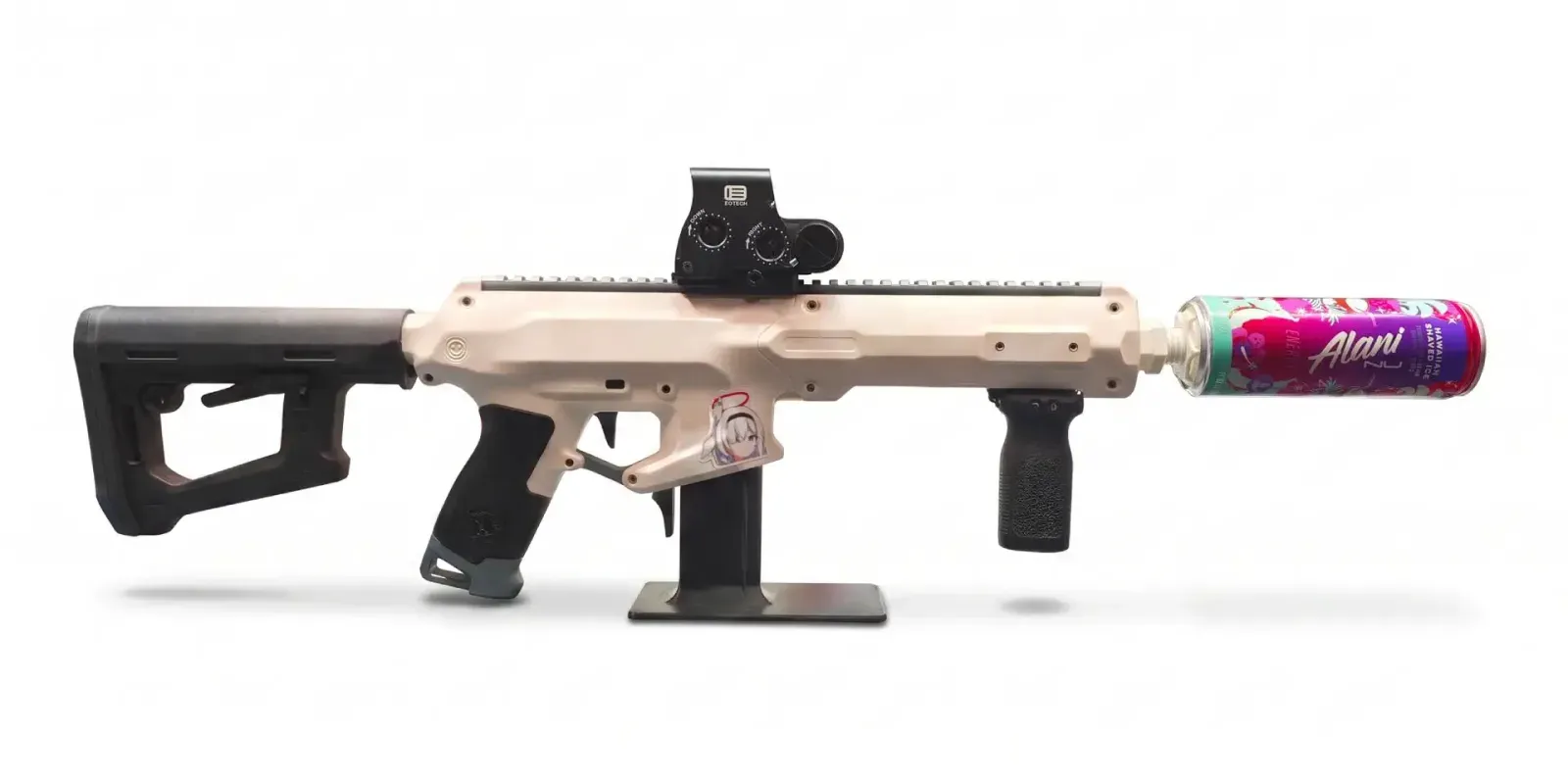 The finished can suppressor fitted to a blaster, seen side on